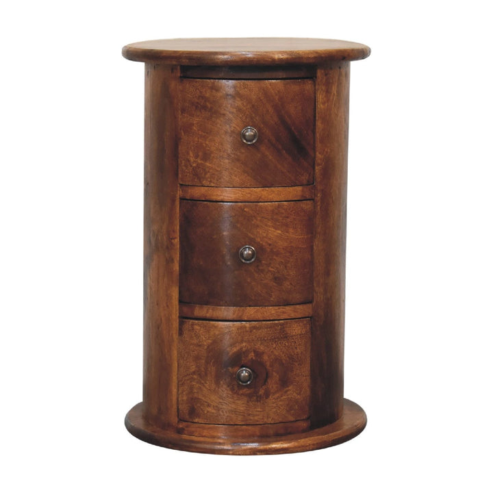 Mini Chestnut Drum End Table - Solid Mango Wood Round Side Table for Living Room - product view 2 showing handcrafted...