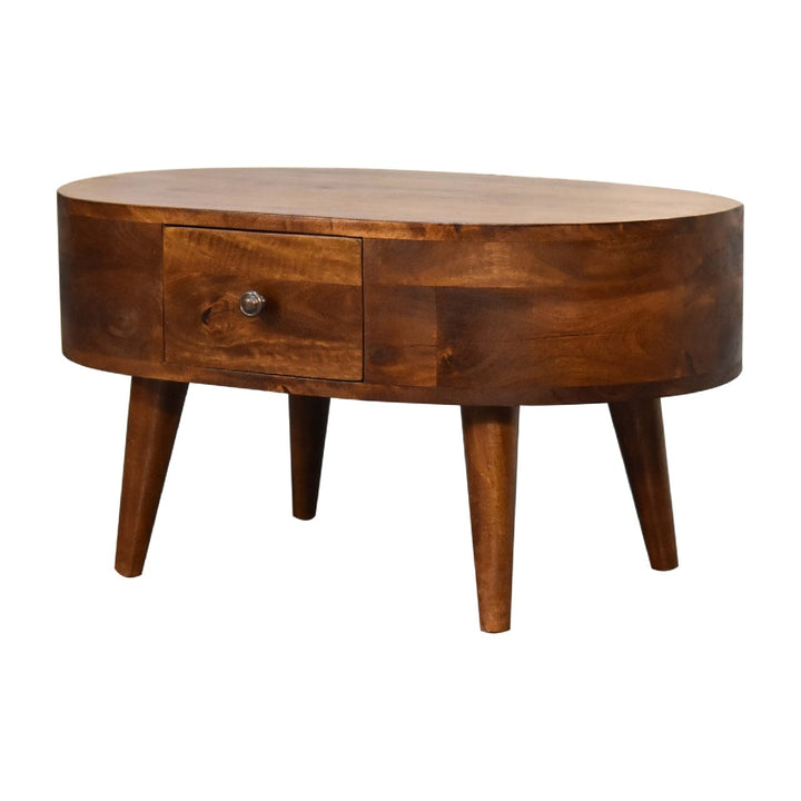 Mini Chestnut Rounded Coffee Table - Solid Mango Wood Center Table for Living Room - product view 4 showing handcrafted...