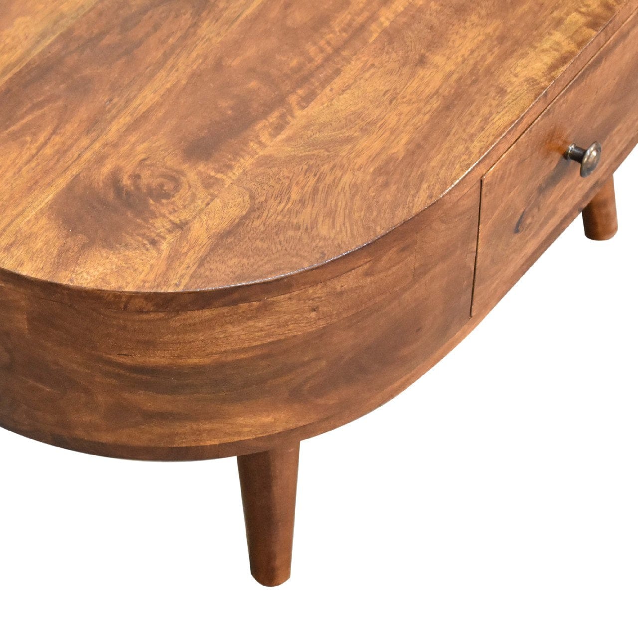 Mini Chestnut Rounded Coffee Table - Solid Mango Wood Center Table for Living Room - product view 6 showing handcrafted...