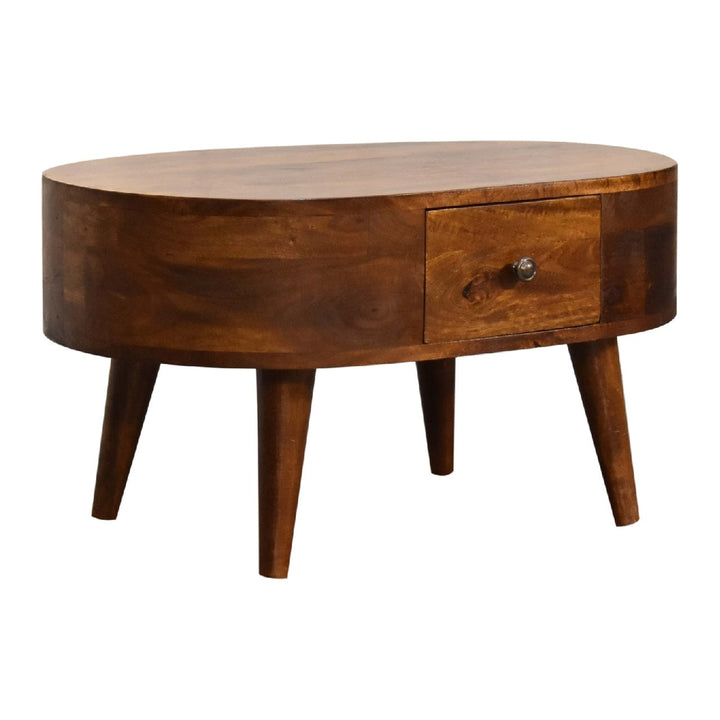 Mini Chestnut Rounded Coffee Table - Solid Mango Wood Center Table for Living Room - product view 3 showing handcrafted...