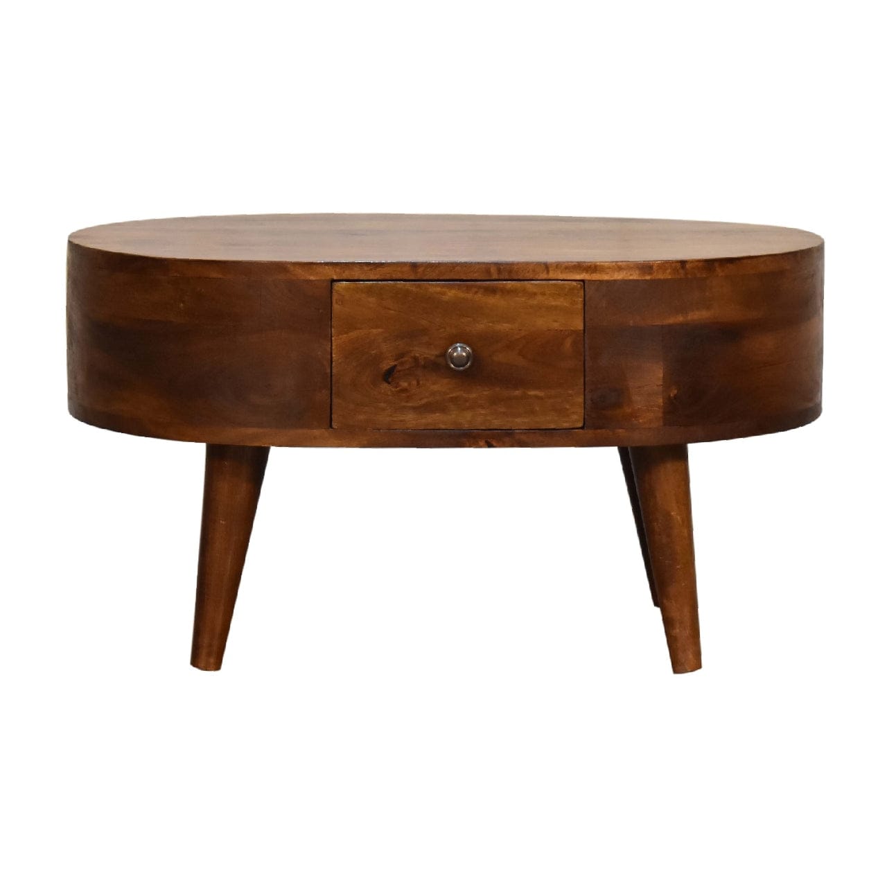 Mini Chestnut Rounded Coffee Table - Solid Mango Wood Center Table for Living Room - product view 2 showing handcrafted...