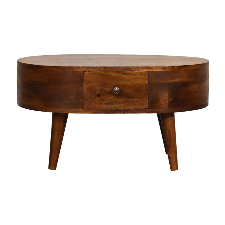 Mini Chestnut Rounded Coffee Table - Solid Mango Wood Center Table for Living Room - product view 2 showing handcrafted...