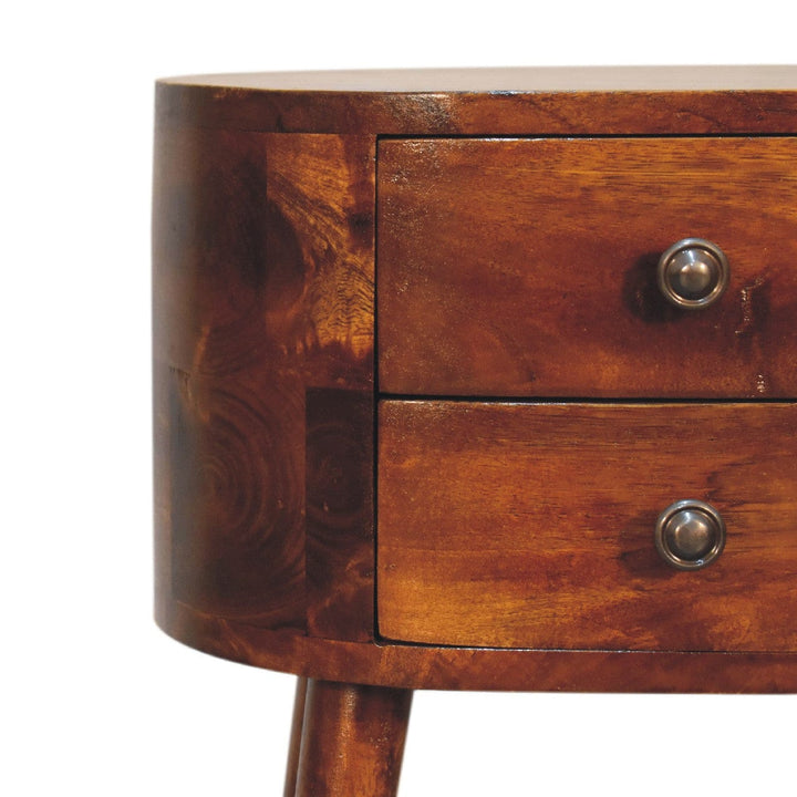 Mini Chestnut Rounded Nightstand - Solid Mango Wood Bedside Table for Bedroom - product view 5 showing handcrafted solid...