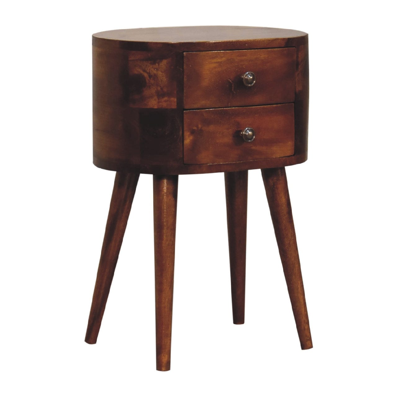 Mini Chestnut Rounded Nightstand - Solid Mango Wood Bedside Table for Bedroom - product view 4 showing handcrafted solid...