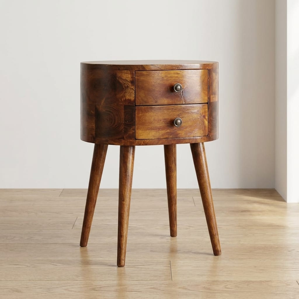 Mini Chestnut Rounded Nightstand - Solid Mango Wood Bedside Table for Bedroom - main view showing handcrafted solid mango...