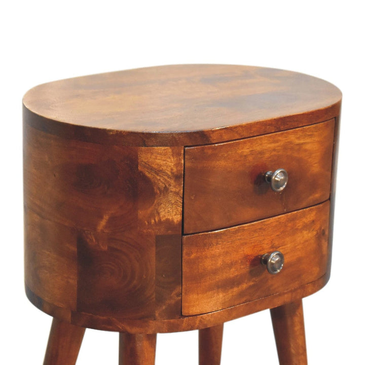 Mini Chestnut Rounded Nightstand - Solid Mango Wood Bedside Table for Bedroom - product view 6 showing handcrafted solid...