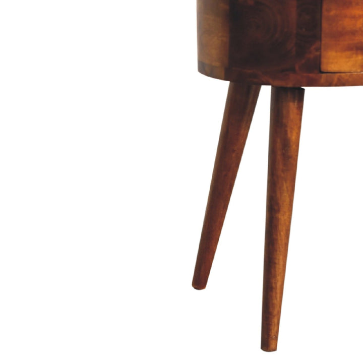 Mini Chestnut Rounded Nightstand - Solid Mango Wood Bedside Table for Bedroom - product view 8 showing handcrafted solid...