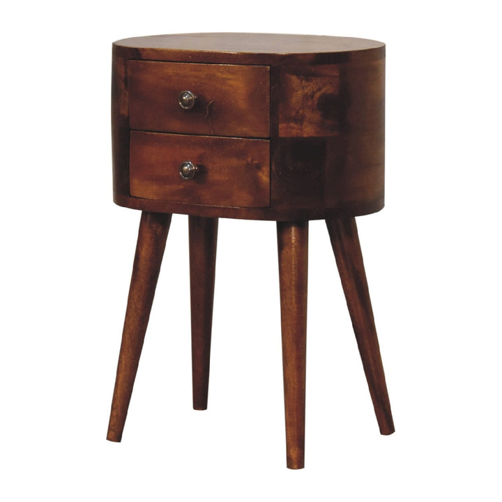 Mini Chestnut Rounded Nightstand - Solid Mango Wood Bedside Table for Bedroom - product view 3 showing handcrafted solid...