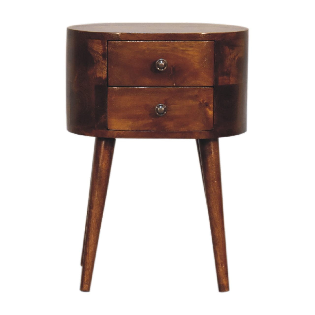 Mini Chestnut Rounded Nightstand - Solid Mango Wood Bedside Table for Bedroom - product view 2 showing handcrafted solid...