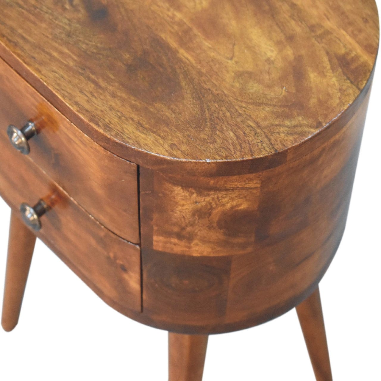Mini Chestnut Rounded Nightstand - Solid Mango Wood Bedside Table for Bedroom - product view 7 showing handcrafted solid...