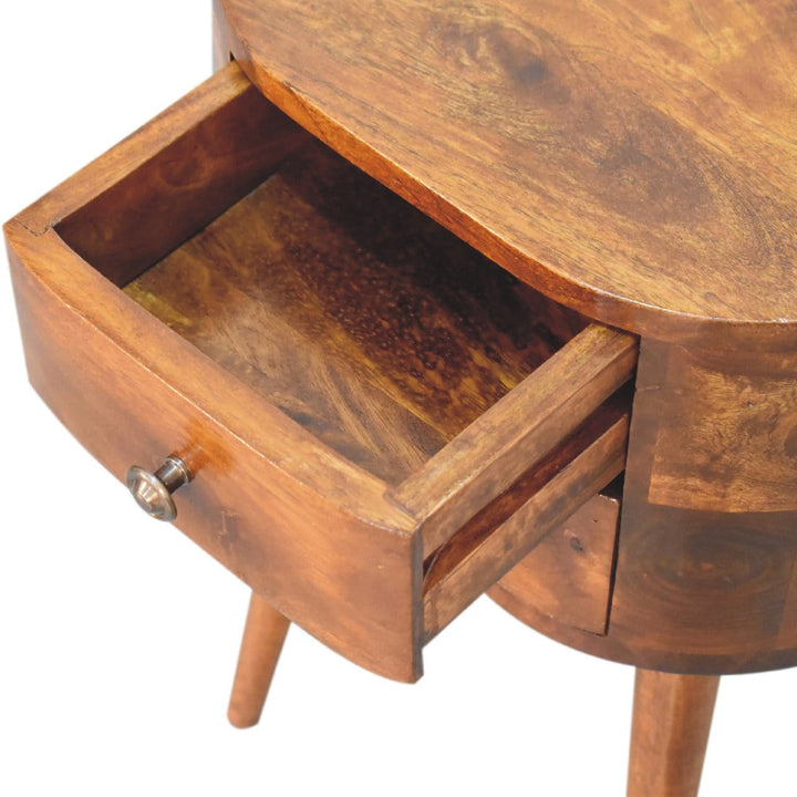 Mini Chestnut Rounded Nightstand - Solid Mango Wood Bedside Table for Bedroom - product view 9 showing handcrafted solid...