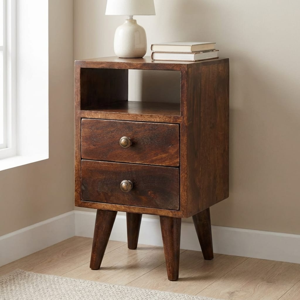 Mini Classic California Walnut Nightstand - Solid Mango Wood Bedside Table for Bedroom - main view showing handcrafted...