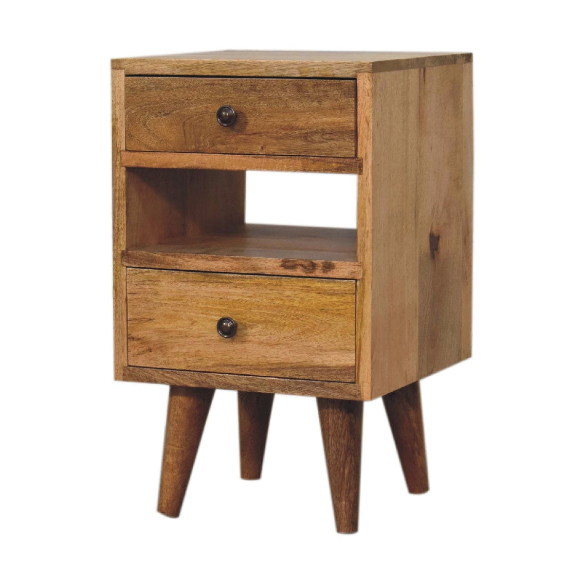Mini Classic Multi Oak-ish Nightstand - Solid Mango Wood Bedside Table for Bedroom - product view 3 showing handcrafted...