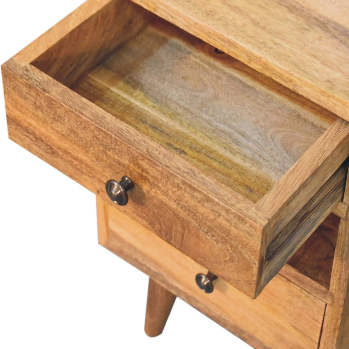 Mini Classic Multi Oak-ish Nightstand - Solid Mango Wood Bedside Table for Bedroom - product view 6 showing handcrafted...