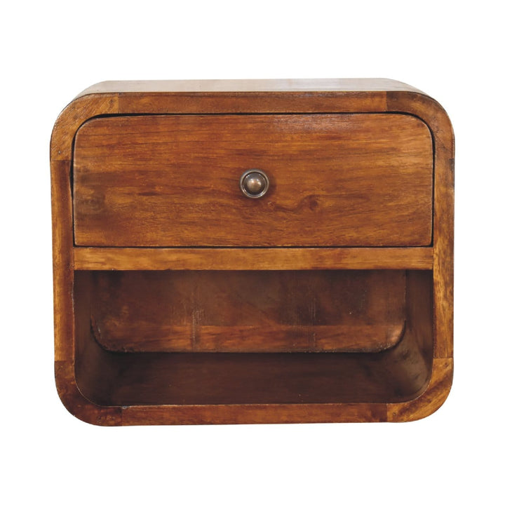 Mini Curve Floating Nightstand - Solid Mango Wood Bedside Table for Bedroom - product view 2 showing handcrafted solid...