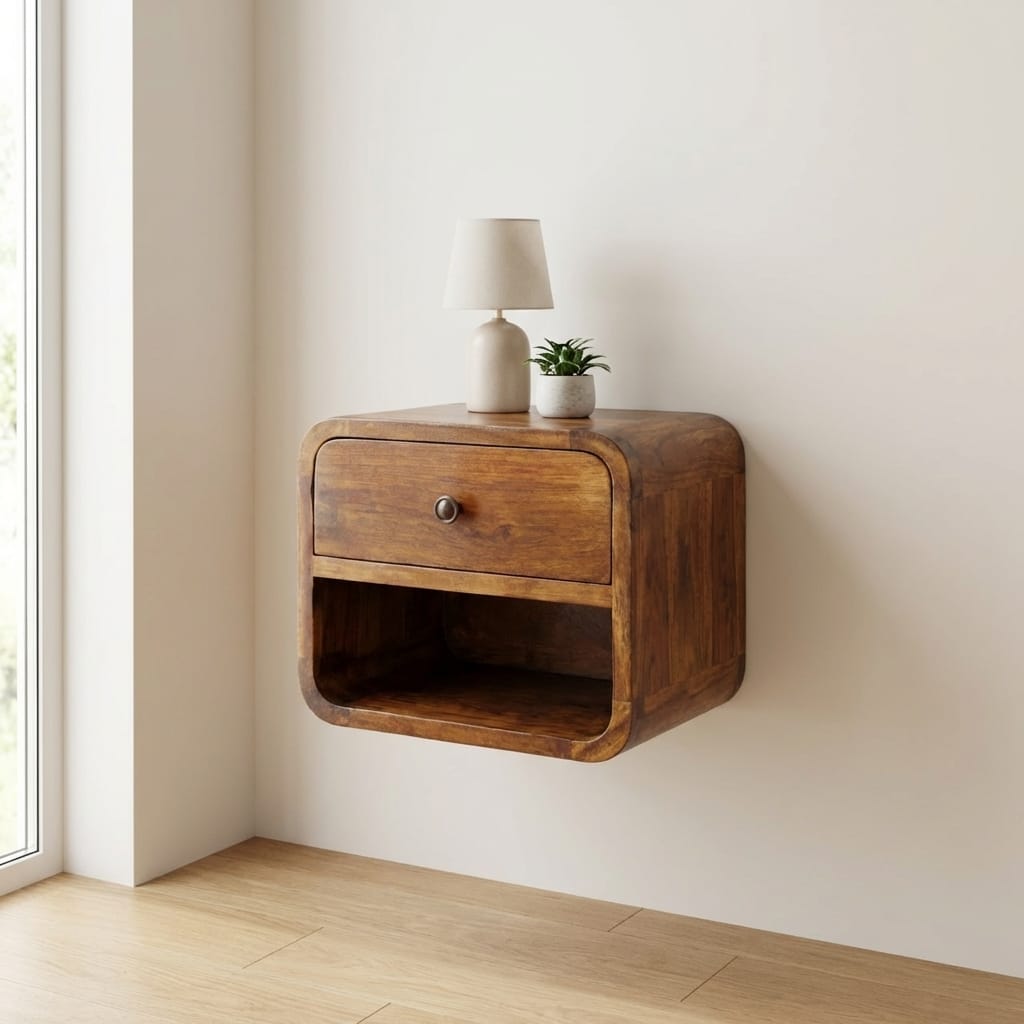 Mini Curve Floating Nightstand - Solid Mango Wood Bedside Table for Bedroom - main view showing handcrafted solid mango...