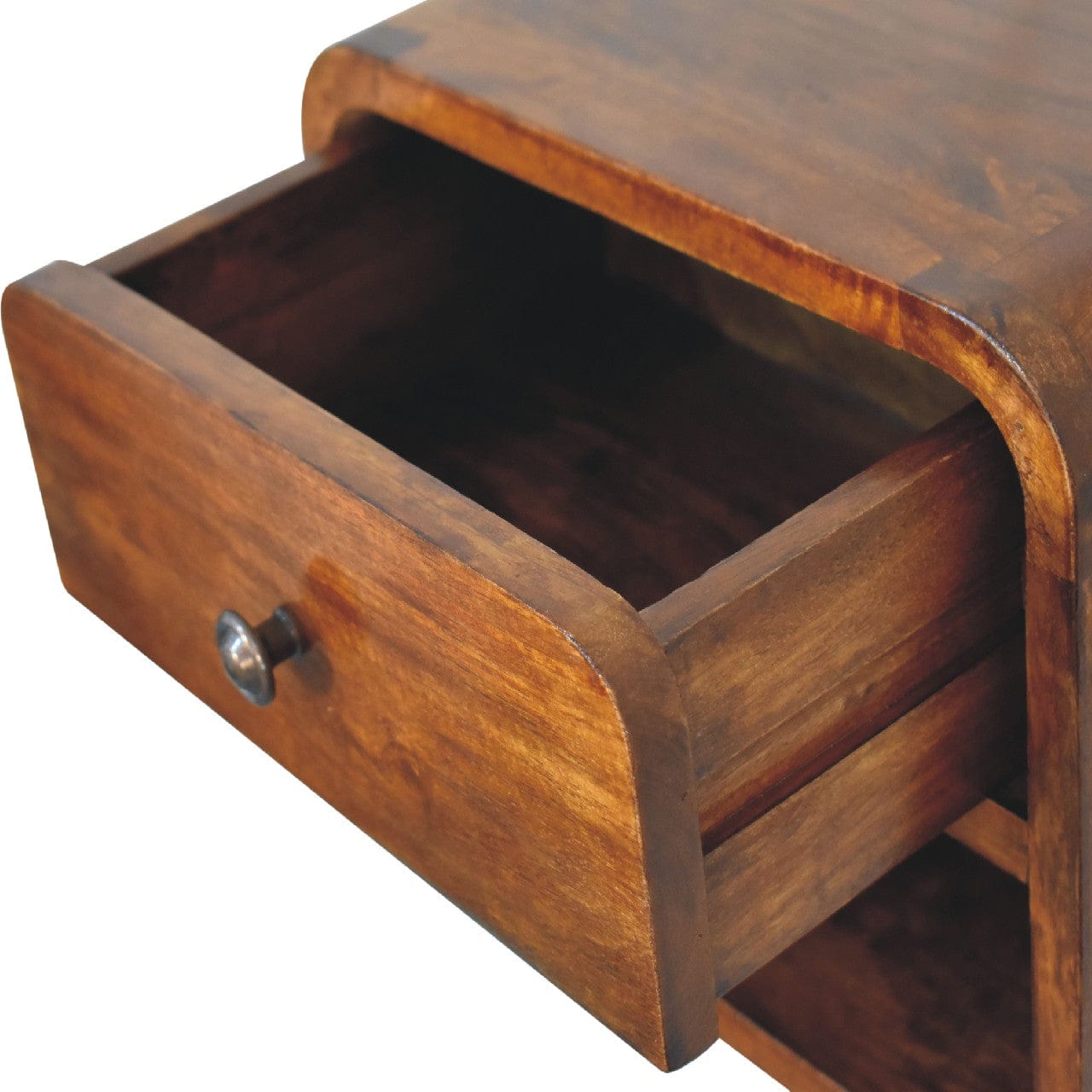 Mini Curve Floating Nightstand - Solid Mango Wood Bedside Table for Bedroom - product view 6 showing handcrafted solid...