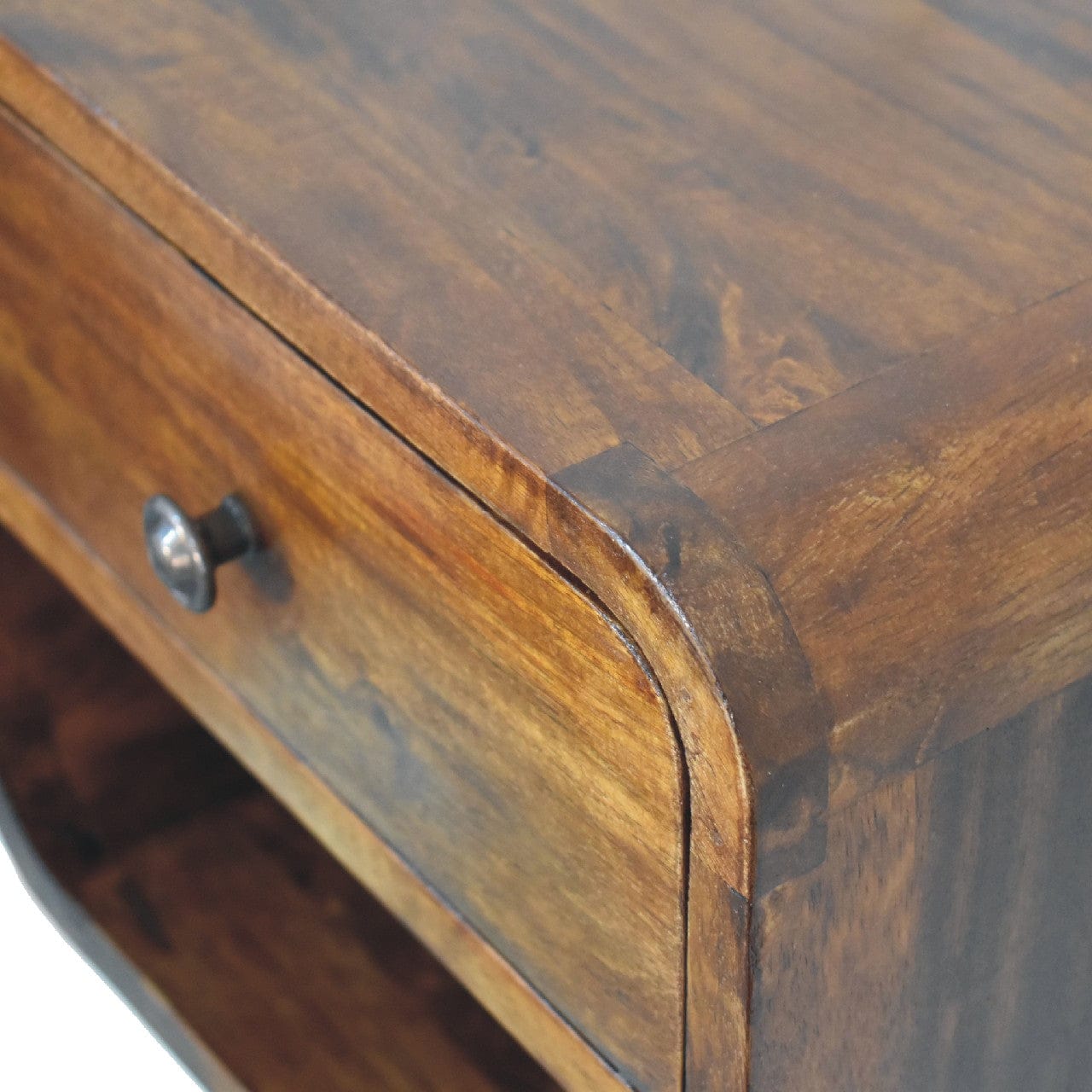 Mini Curve Floating Nightstand - Solid Mango Wood Bedside Table for Bedroom - product view 7 showing handcrafted solid...
