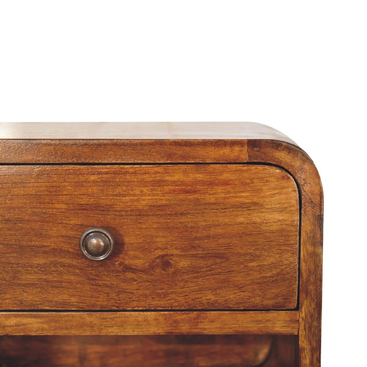 Mini Curve Floating Nightstand - Solid Mango Wood Bedside Table for Bedroom - product view 5 showing handcrafted solid...