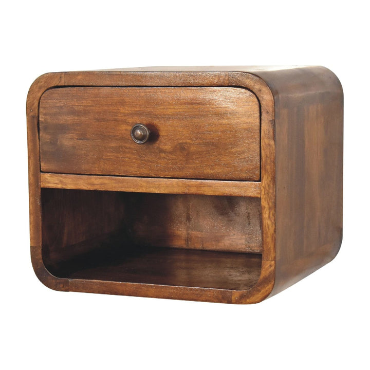 Mini Curve Floating Nightstand - Solid Mango Wood Bedside Table for Bedroom - product view 4 showing handcrafted solid...