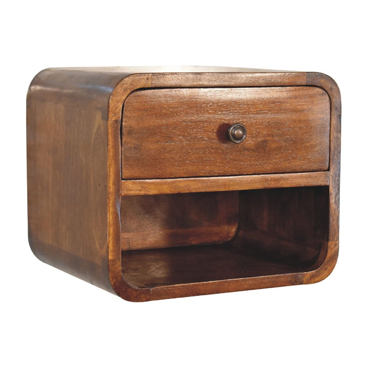 Mini Curve Floating Nightstand - Solid Mango Wood Bedside Table for Bedroom - product view 3 showing handcrafted solid...