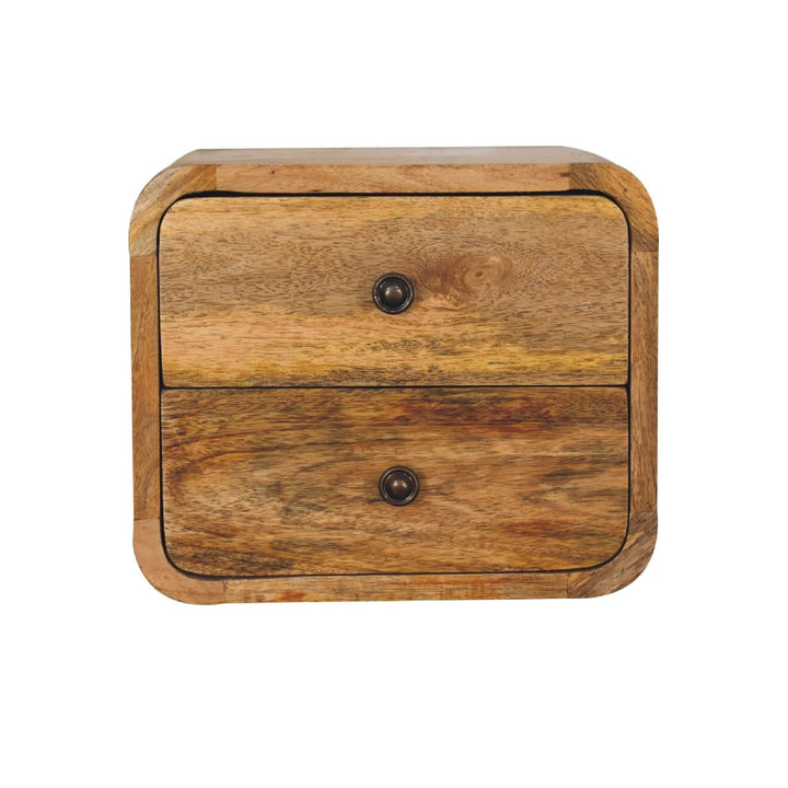 Mini Curve Oak-ish Floating Nightstand - Solid Mango Wood Bedside Table for Bedroom - product view 3 showing handcrafted...