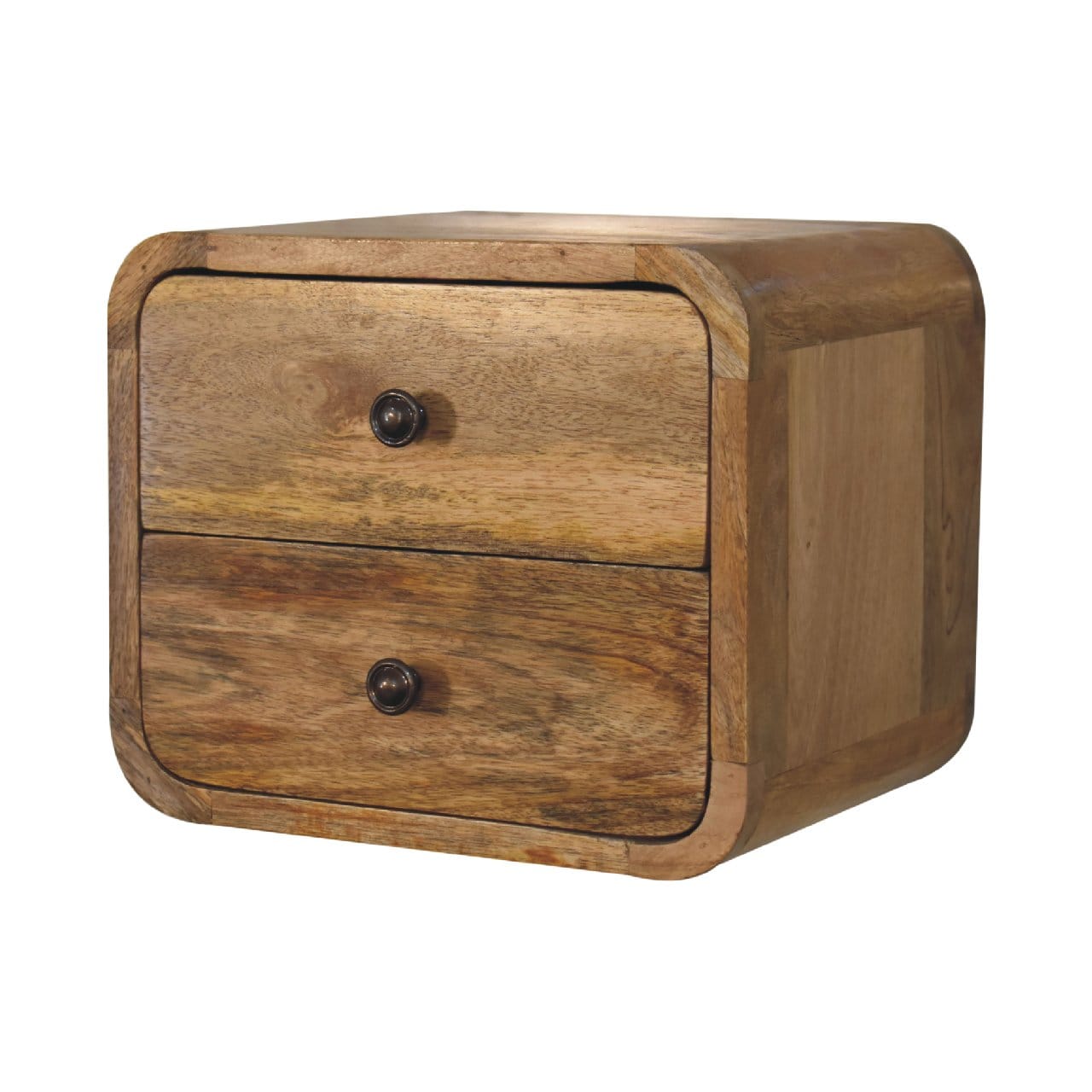 Mini Curve Oak-ish Floating Nightstand - Solid Mango Wood Bedside Table for Bedroom - product view 4 showing handcrafted...
