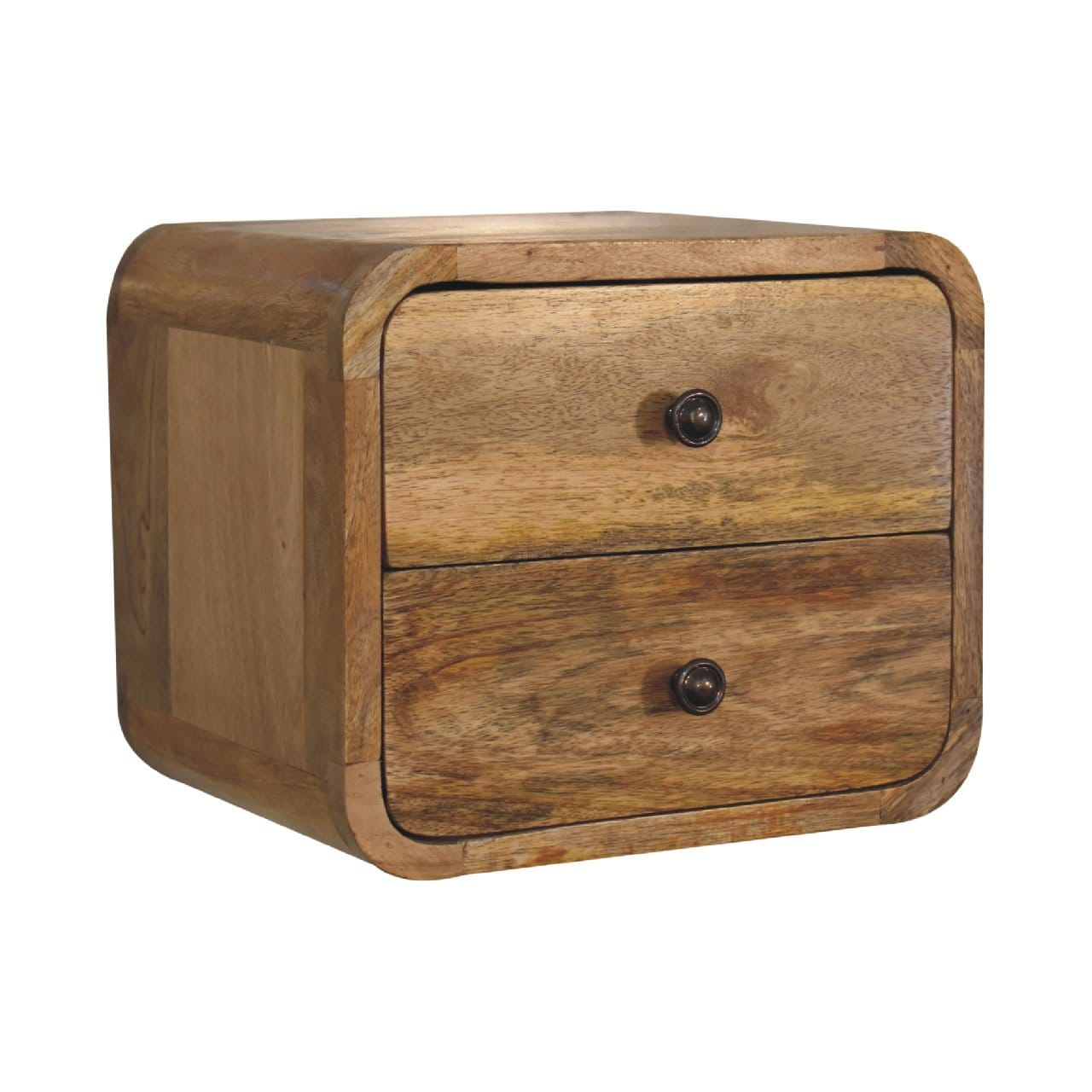 Mini Curve Oak-ish Floating Nightstand - Solid Mango Wood Bedside Table for Bedroom - product view 2 showing handcrafted...