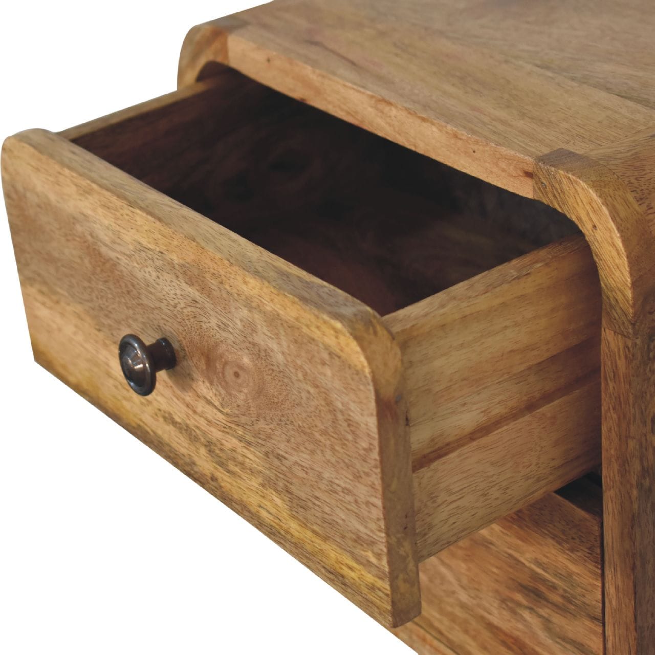 Mini Curve Oak-ish Floating Nightstand - Solid Mango Wood Bedside Table for Bedroom - product view 7 showing handcrafted...