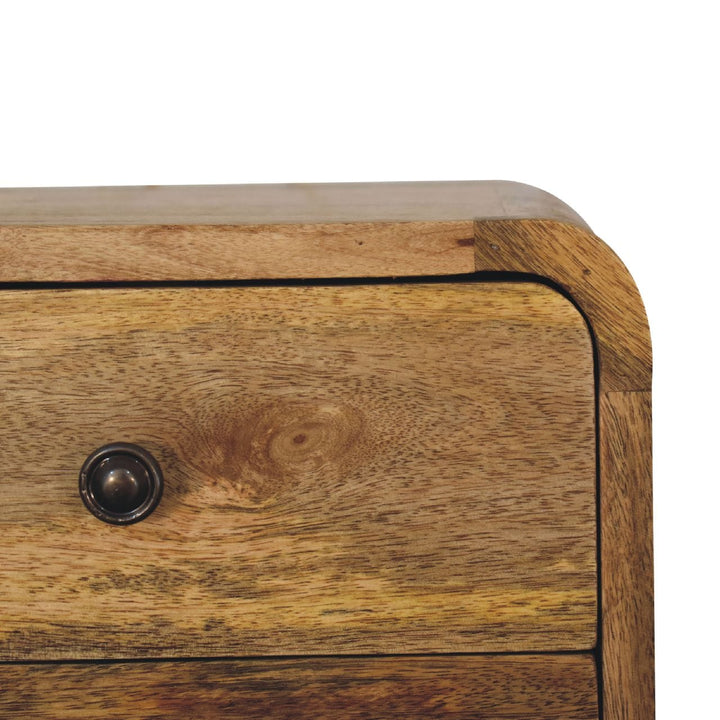 Mini Curve Oak-ish Floating Nightstand - Solid Mango Wood Bedside Table for Bedroom - product view 5 showing handcrafted...