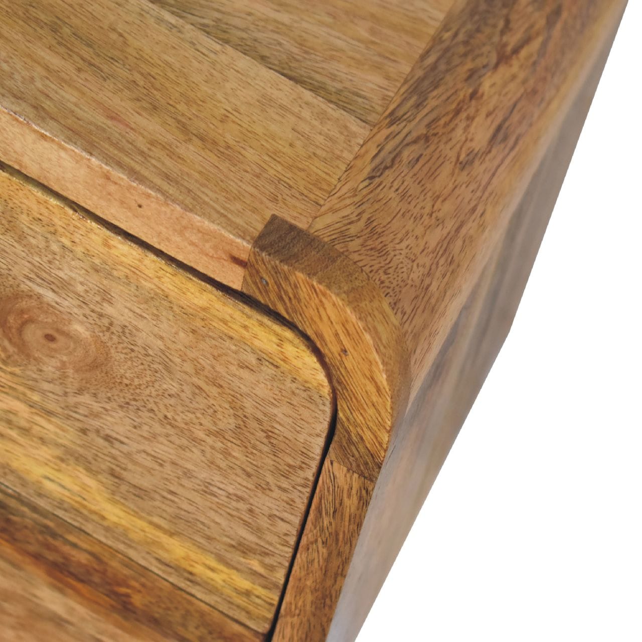 Mini Curve Oak-ish Floating Nightstand - Solid Mango Wood Bedside Table for Bedroom - product view 6 showing handcrafted...