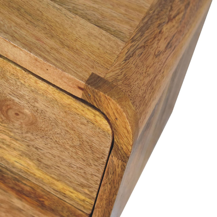 Mini Curve Oak-ish Floating Nightstand - Solid Mango Wood Bedside Table for Bedroom - product view 6 showing handcrafted...