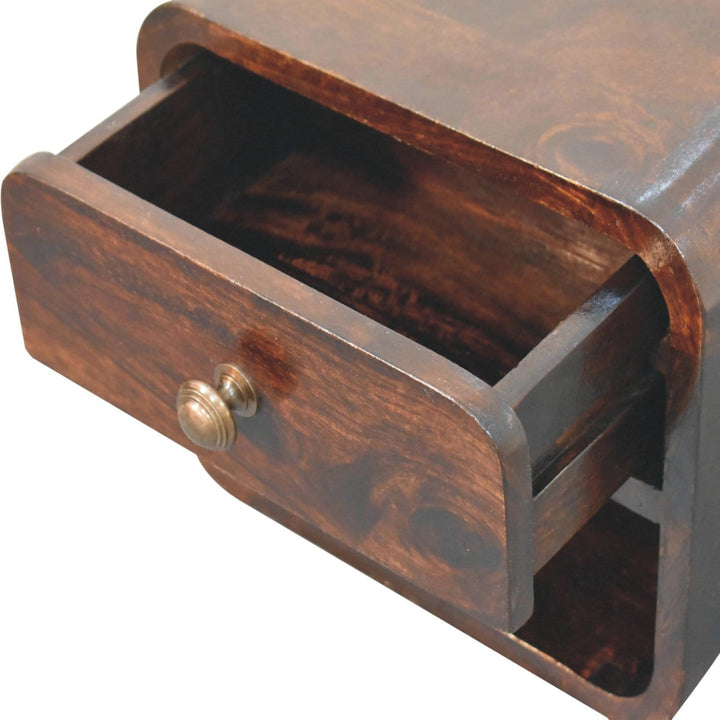 Mini Curved California Walnut Floating Nightstand - Solid Mango Wood Bedside Table for Bedroom - product view 7 showing...