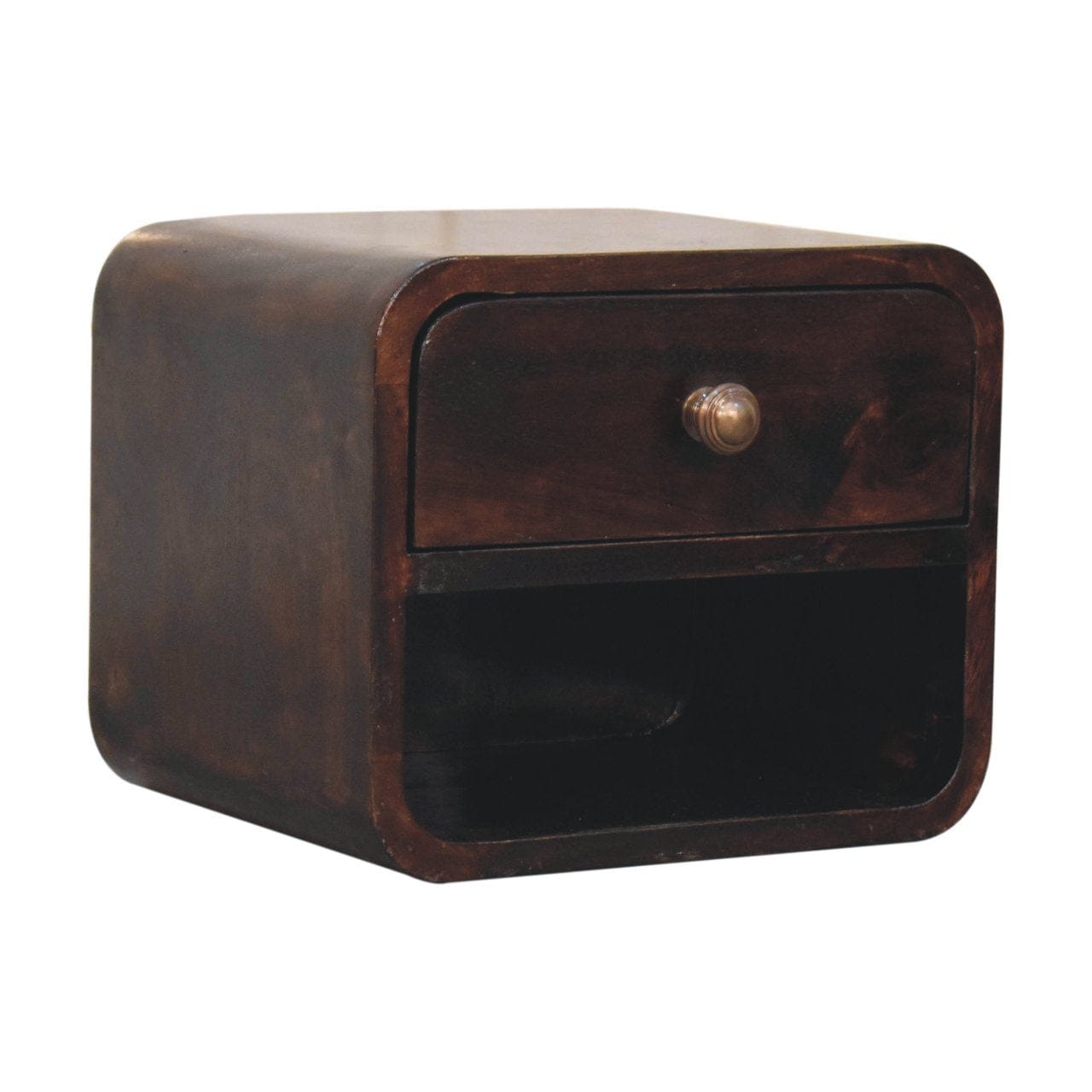 Mini Curved California Walnut Floating Nightstand - Solid Mango Wood Bedside Table for Bedroom - product view 3 showing...