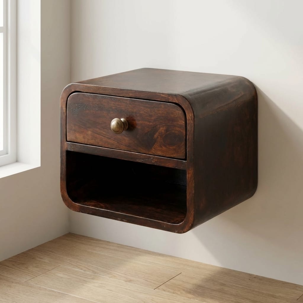 Mini Curved California Walnut Floating Nightstand - Solid Mango Wood Bedside Table for Bedroom - main view showing...