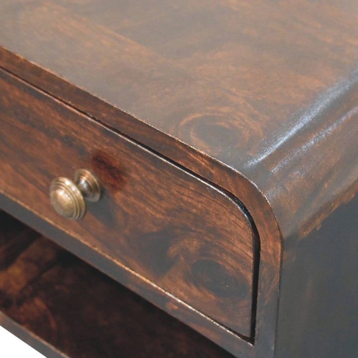 Mini Curved California Walnut Floating Nightstand - Solid Mango Wood Bedside Table for Bedroom - product view 6 showing...