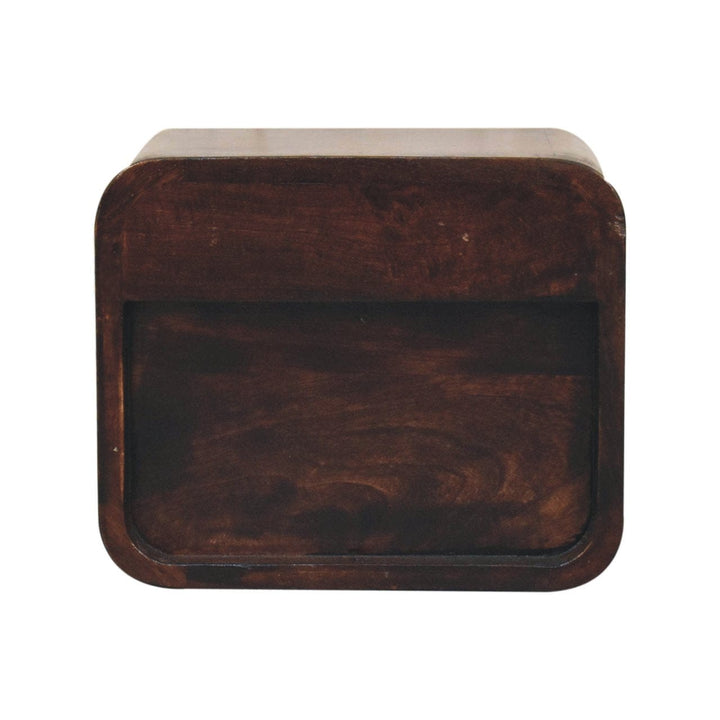 Mini Curved California Walnut Floating Nightstand - Solid Mango Wood Bedside Table for Bedroom - product view 9 showing...
