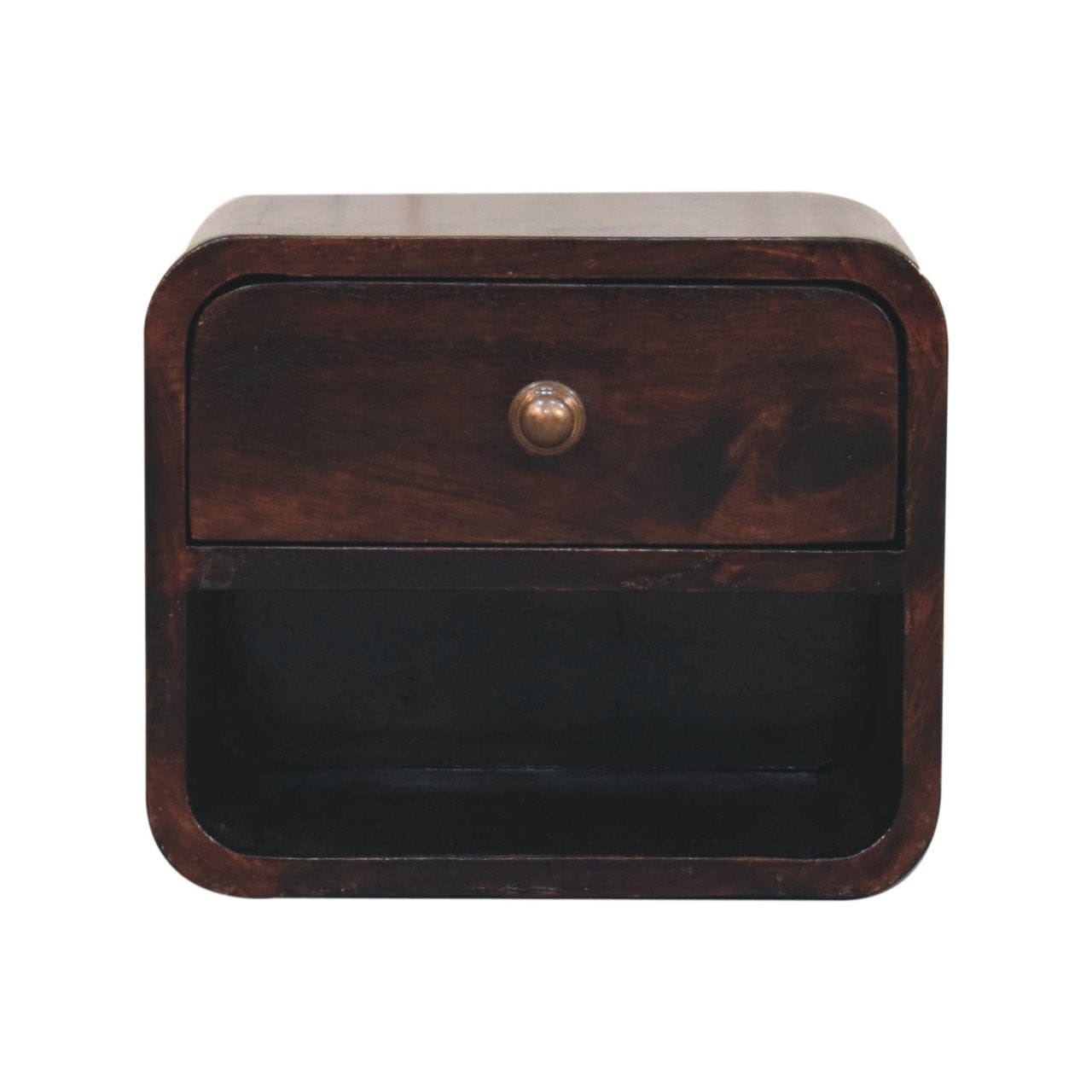 Mini Curved California Walnut Floating Nightstand - Solid Mango Wood Bedside Table for Bedroom - product view 2 showing...