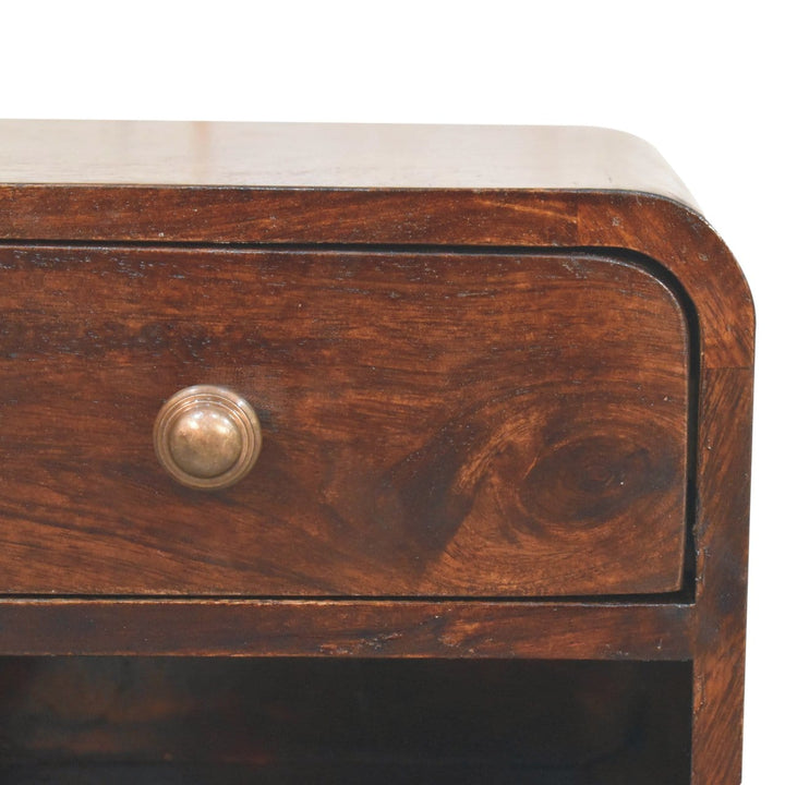 Mini Curved California Walnut Floating Nightstand - Solid Mango Wood Bedside Table for Bedroom - product view 5 showing...