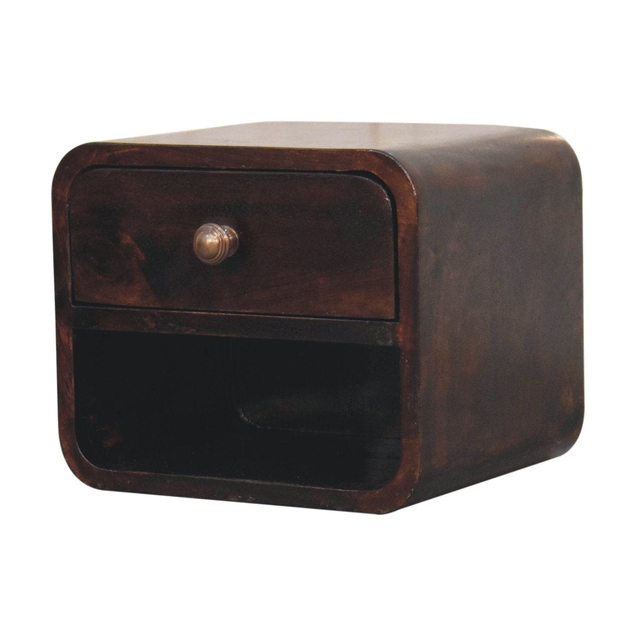 Mini Curved California Walnut Floating Nightstand - Solid Mango Wood Bedside Table for Bedroom - product view 4 showing...