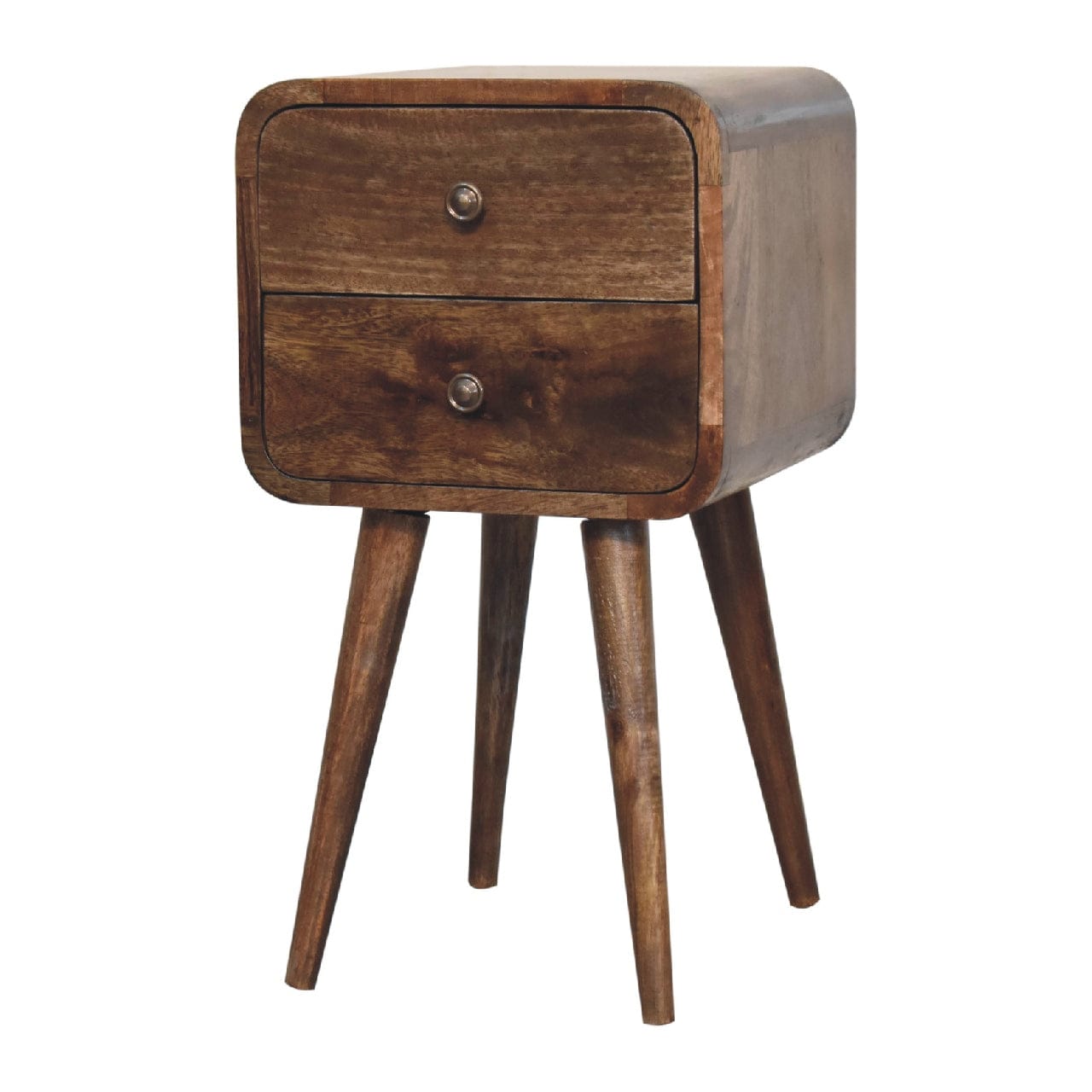 Mini Curved Grey Washed Nightstand - Solid Mango Wood Bedside Table for Bedroom - product view 3 showing handcrafted...
