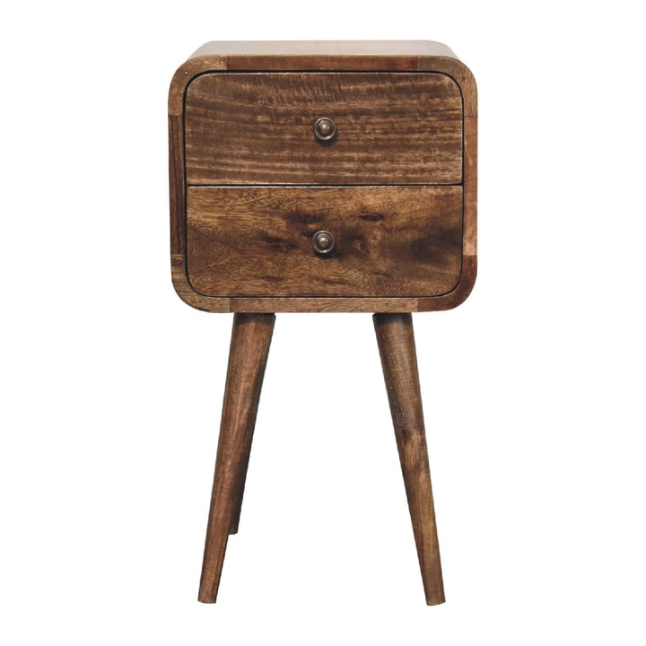 Mini Curved Grey Washed Nightstand - Solid Mango Wood Bedside Table for Bedroom - product view 2 showing handcrafted...