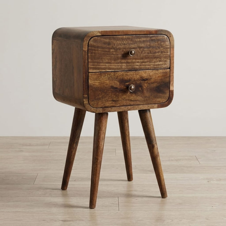 Mini Curved Grey Washed Nightstand - Solid Mango Wood Bedside Table for Bedroom - main view showing handcrafted solid...