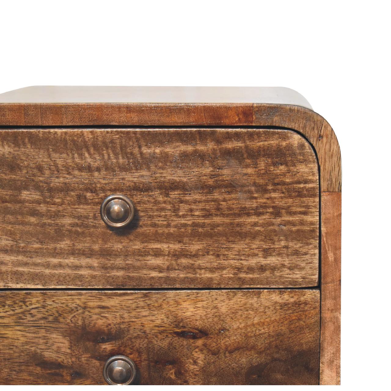 Mini Curved Grey Washed Nightstand - Solid Mango Wood Bedside Table for Bedroom - product view 5 showing handcrafted...
