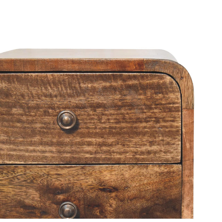 Mini Curved Grey Washed Nightstand - Solid Mango Wood Bedside Table for Bedroom - product view 5 showing handcrafted...