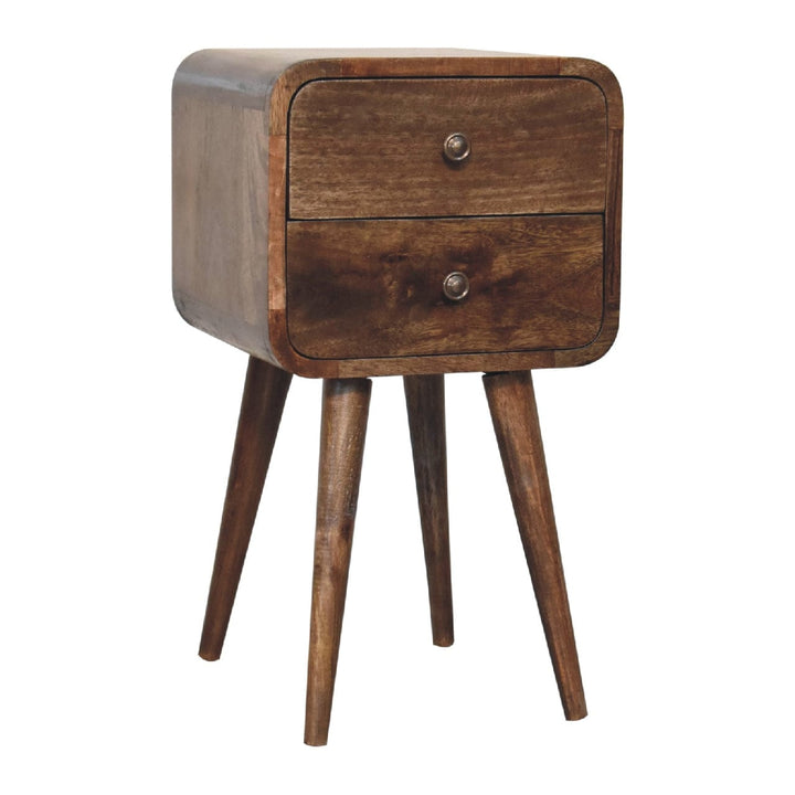 Mini Curved Grey Washed Nightstand - Solid Mango Wood Bedside Table for Bedroom - product view 4 showing handcrafted...