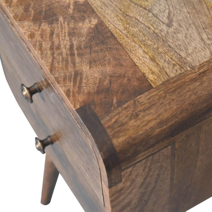 Mini Curved Grey Washed Nightstand - Solid Mango Wood Bedside Table for Bedroom - product view 6 showing handcrafted...