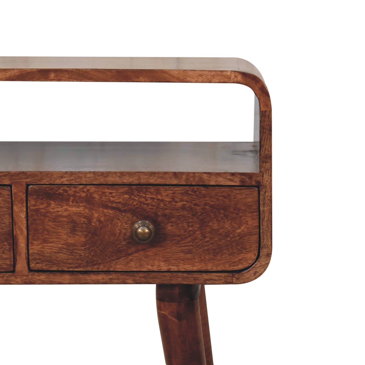 Mini Curved Honey Caramel Console Table - Solid Mango Wood Hallway Console for Entryway - product view 4 showing...