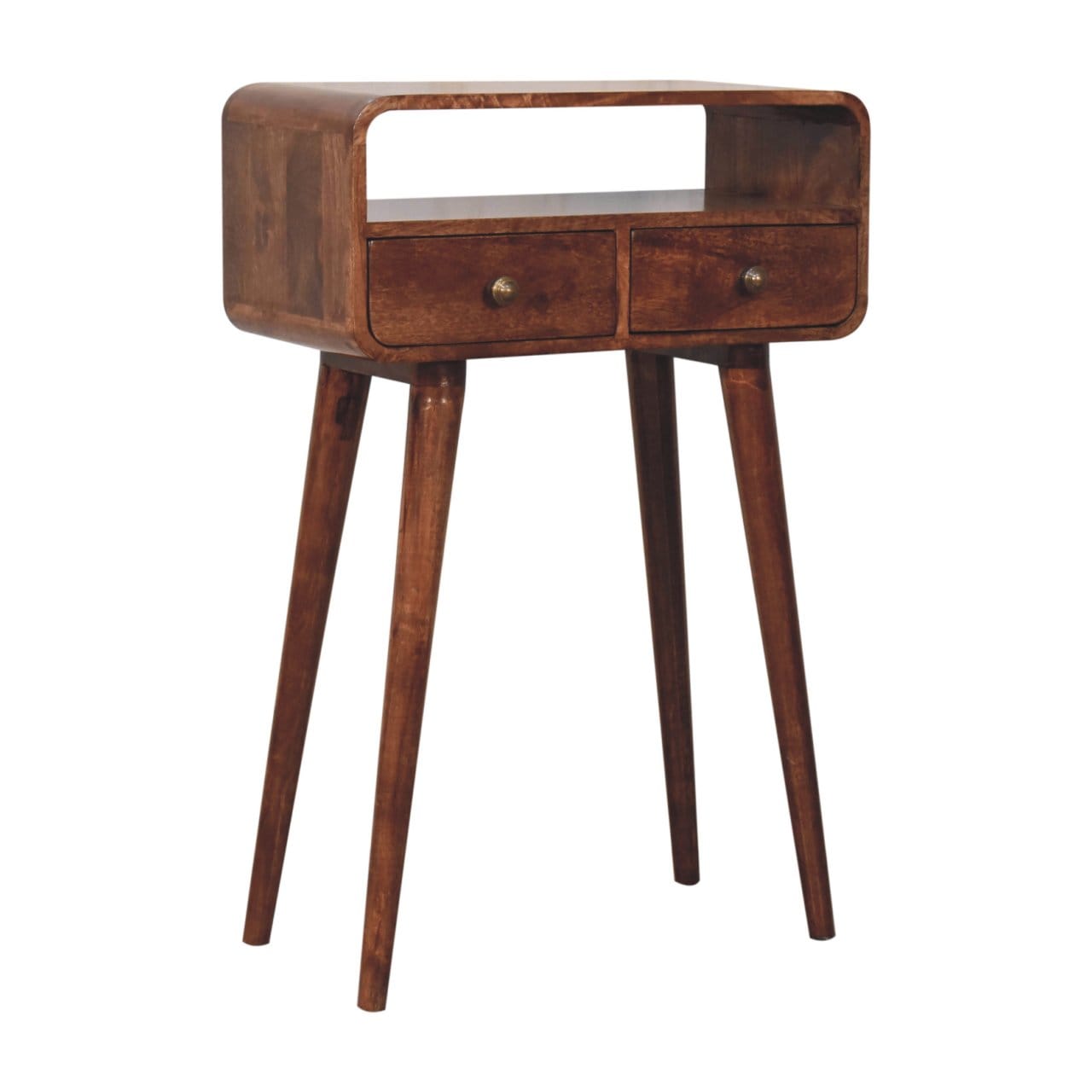 Mini Curved Honey Caramel Console Table - Solid Mango Wood Hallway Console for Entryway - product view 3 showing...