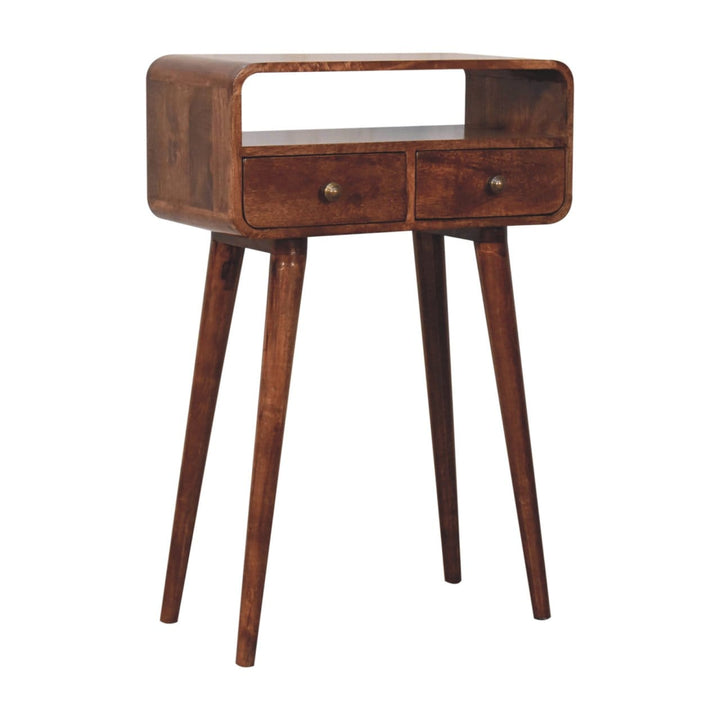 Mini Curved Honey Caramel Console Table - Solid Mango Wood Hallway Console for Entryway - product view 3 showing...